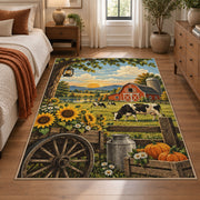 Sunflower Farm Wagon Scene area rug shown in a bedroom