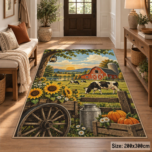 Sunflower Farm Wagon Scene area rug shown in a entryway
