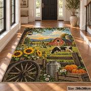 Sunflower Farm Wagon Scene area rug shown in a foyer