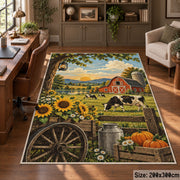 Sunflower Farm Wagon Scene area rug shown in a home office