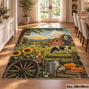 Sunflower Farm Wagon Scene area rug shown in a dining room