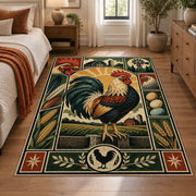 Rooster Country Emblem area rug shown in a bedroom