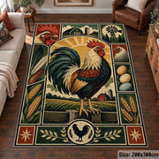 Rooster Country Emblem area rug shown in a living room