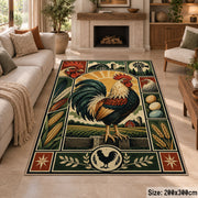 Rooster Country Emblem area rug shown in a sitting room