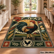 Rooster Country Emblem area rug shown in a dining room
