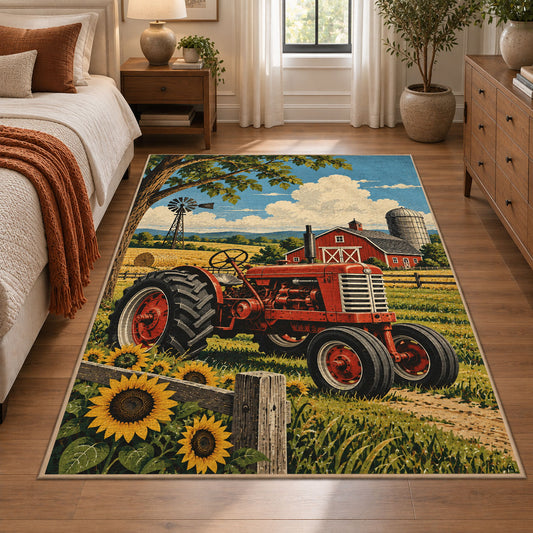 Red Tractor Sunflower Field area rug shown in a bedroom