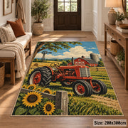 Red Tractor Sunflower Field area rug shown in a entryway