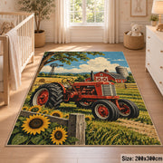 Red Tractor Sunflower Field area rug shown in a nursery
