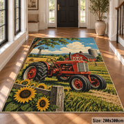 Red Tractor Sunflower Field area rug shown in a foyer