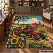 Red Tractor Sunflower Field area rug shown in a home office
