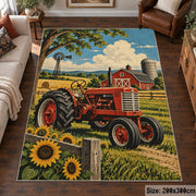 Red Tractor Sunflower Field area rug shown in a living room