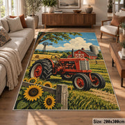 Red Tractor Sunflower Field area rug shown in a lounge