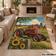 Red Tractor Sunflower Field area rug shown in a sitting room