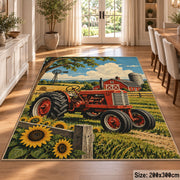 Red Tractor Sunflower Field area rug shown in a dining room