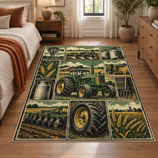 Green Tractor Harvest Grid area rug shown in a bedroom