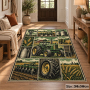 Green Tractor Harvest Grid area rug shown in a entryway