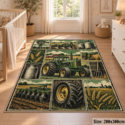 Green Tractor Harvest Grid area rug shown in a nursery