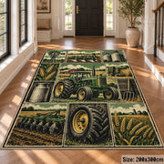 Green Tractor Harvest Grid area rug shown in a foyer
