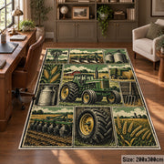Green Tractor Harvest Grid area rug shown in a home office
