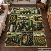 Green Tractor Harvest Grid area rug shown in a living room
