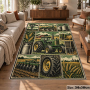 Green Tractor Harvest Grid area rug shown in a lounge