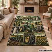 Green Tractor Harvest Grid area rug shown in a sitting room