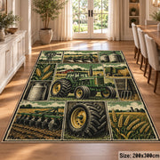 Green Tractor Harvest Grid area rug shown in a dining room