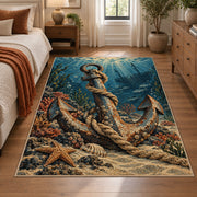 Coastal Anchor Rope Scene area rug shown in a bedroom