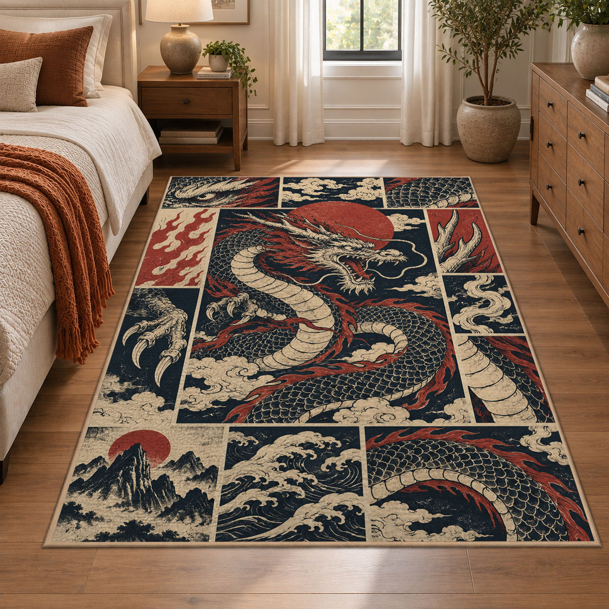 Dragon Mythology Collage area rug shown in a bedroom