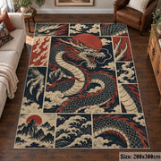 Dragon Mythology Collage area rug shown in a living room