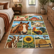 Farm Animals and Harvest Grid area rug shown in a bedroom