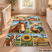 Farm Animals and Harvest Grid area rug shown in a nursery