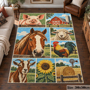 Farm Animals and Harvest Grid area rug shown in a living room