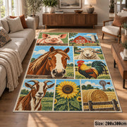 Farm Animals and Harvest Grid area rug shown in a lounge