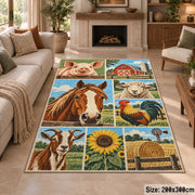 Farm Animals and Harvest Grid area rug shown in a sitting room