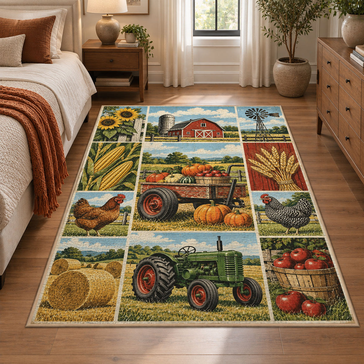 Harvest Barnyard Patchwork area rug shown in a bedroom