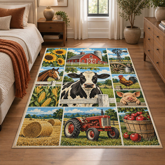 Cow Tractor Harvest Collage area rug shown in a bedroom