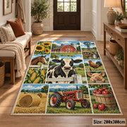 Cow Tractor Harvest Collage area rug shown in a entryway