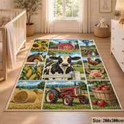 Cow Tractor Harvest Collage area rug shown in a nursery