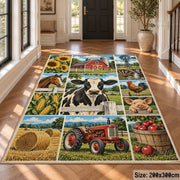 Cow Tractor Harvest Collage area rug shown in a foyer