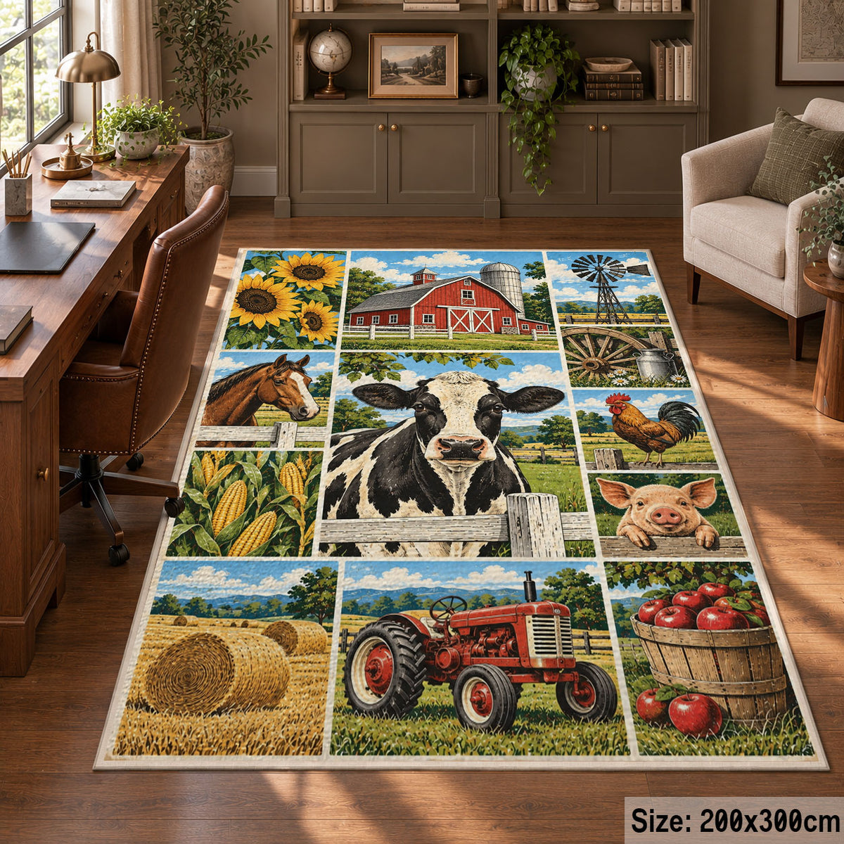 Cow Tractor Harvest Collage area rug shown in a home office