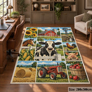 Cow Tractor Harvest Collage area rug shown in a home office