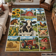 Cow Tractor Harvest Collage area rug shown in a living room