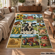 Cow Tractor Harvest Collage area rug shown in a lounge