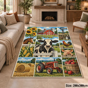 Cow Tractor Harvest Collage area rug shown in a sitting room