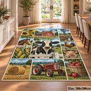 Cow Tractor Harvest Collage area rug shown in a dining room