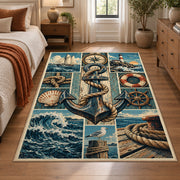 Ocean Anchor Maritime Grid area rug shown in a bedroom