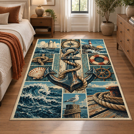 Ocean Anchor Maritime Grid area rug shown in a bedroom