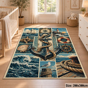 Ocean Anchor Maritime Grid area rug shown in a nursery