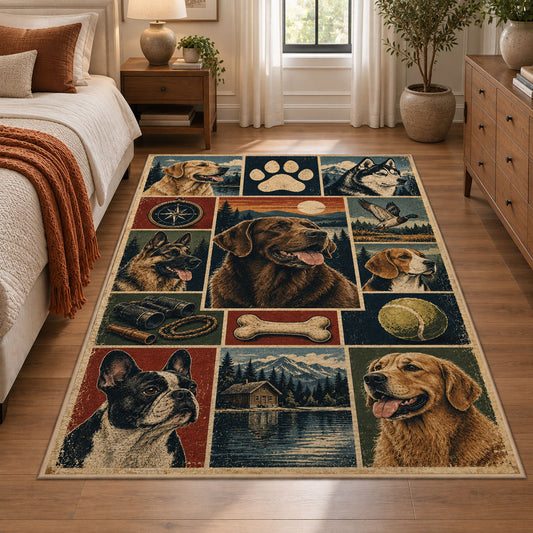 Dog Breed Country Patchwork area rug shown in a bedroom